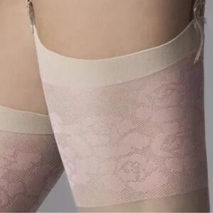 Thigh high garter pink nude rose lace pantyhose stockings burlesque lingerie new